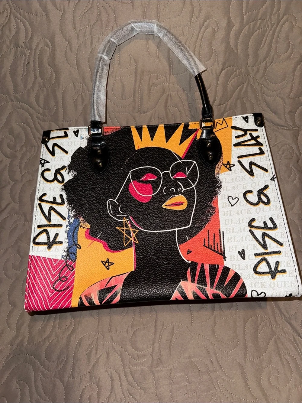 Graphic Afro-Pop Tote Bag purse in Black, Pink & Yellow